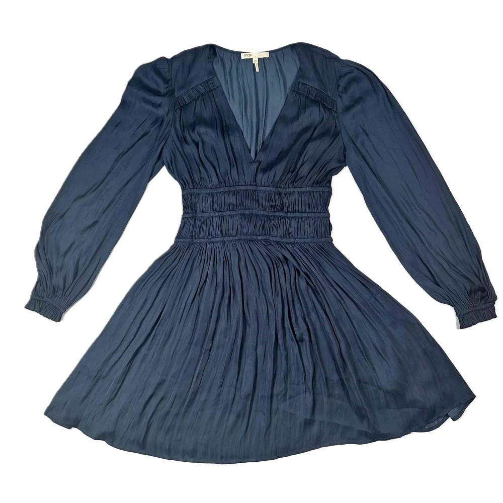 Maje Rianne Navy Satin Mini Dress Ruffled V Neck Long Sleeve Size 36 US 4 - Picture 7 of 9